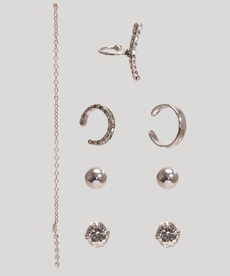 kit com 3 brincos + earcuffs prateado