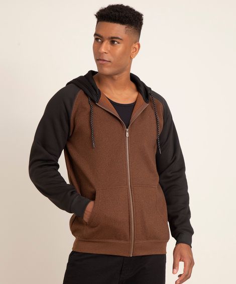 blusão de moletom raglan com zíper e capuz marrom