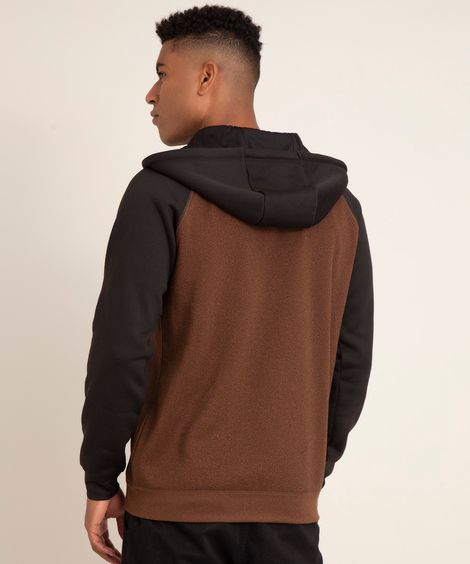 blusão de moletom raglan com zíper e capuz marrom