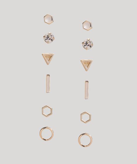 kit de 6 brincos formas geométricas com strass folheados dourados