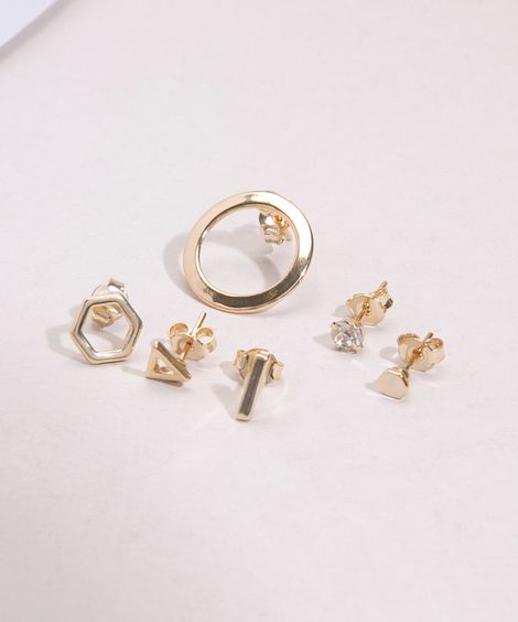 kit de 6 brincos formas geométricas com strass folheados dourados