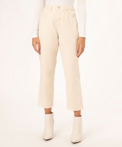 calça de sarja mom cropped com elástico bege claro