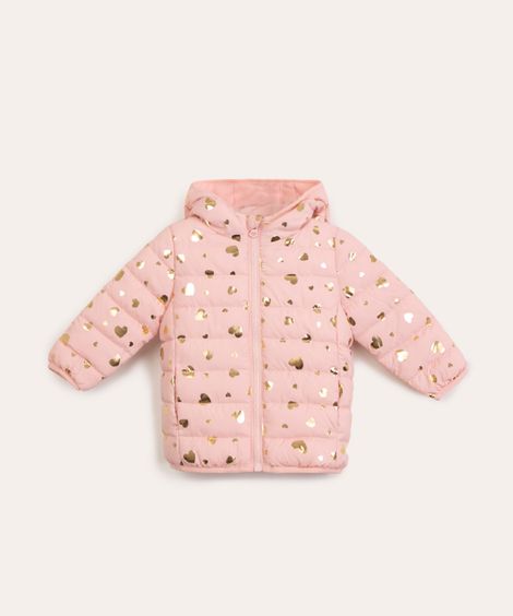 jaqueta infantil puff com capuz e bolso corações rosa