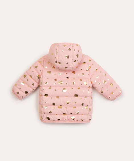 jaqueta infantil puff com capuz e bolso corações rosa