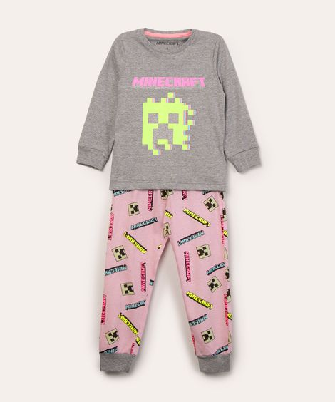 pijama infantil manga longa + calça minecraft cinza