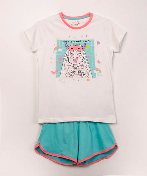 pijama infantil manga curta + short animê off white