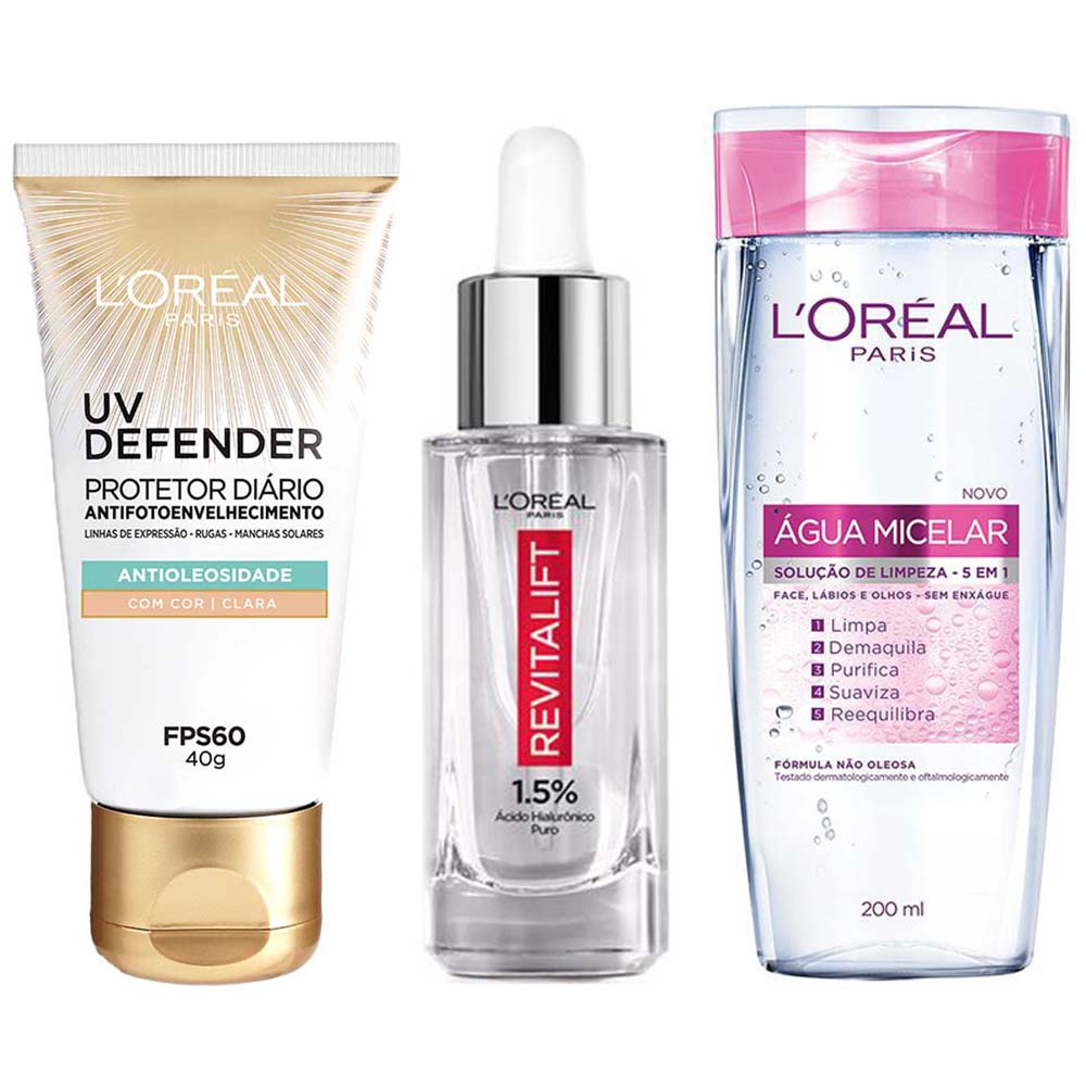 LOréal Paris Revitalift UV Defender Kit – Água Micelar 5 em 1 + Sérum + Protetor Solar UV Defender FPS 60 cor Clara