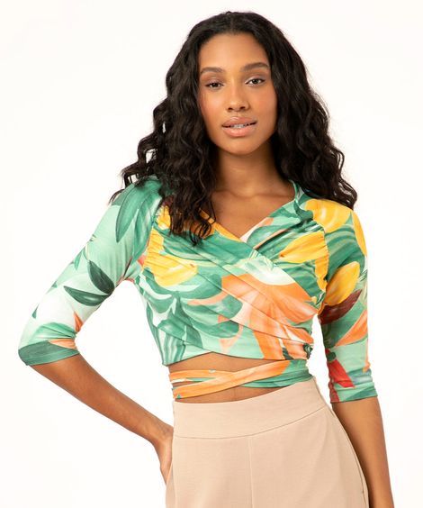 blusa cropped transpassada frutas  verde claro
