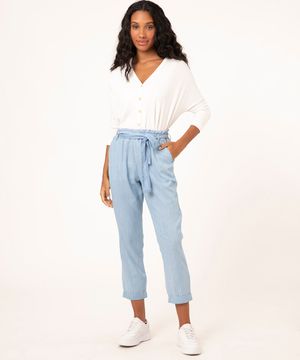 Calça Jeans Feminina Mom Clochard Cintura Super Alta com Faixa para Amarrar azul claro
