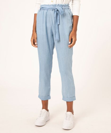 Calça Jeans Feminina Mom Clochard Cintura Super Alta com Faixa para Amarrar azul claro