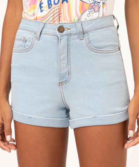Short Jeans Feminino Hot Pant Cintura Super Alta com Barra Dobrada azul claro