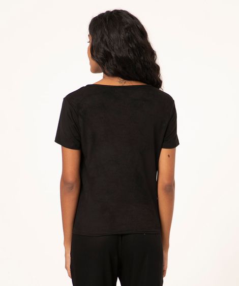 Blusa de Suede com Entremeio Manga Curta Decote V Preta