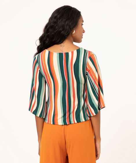 blusa com botões e amarração listrada multicor