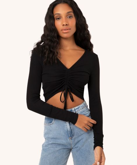 blusa cropped canelada com amarração preto