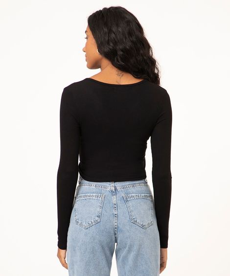 blusa cropped canelada com amarração preto