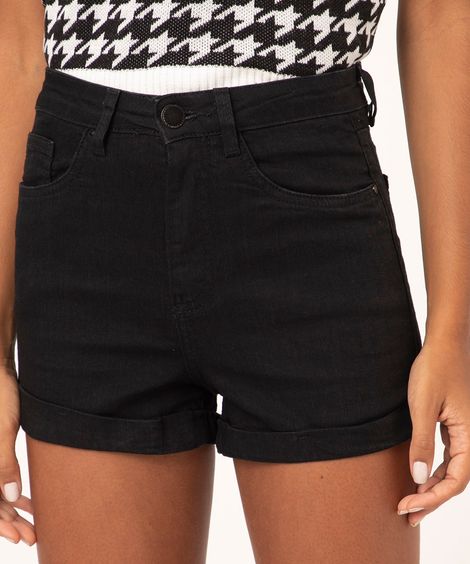 short hot pant cintura super alta com barra dobrada preto