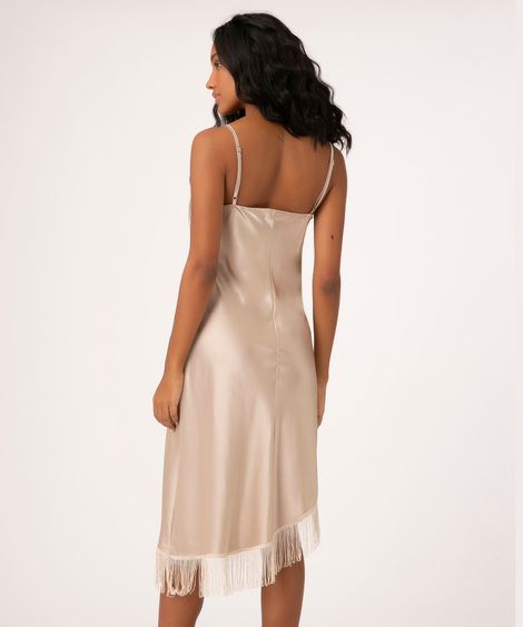 vestido midi de cetim com franja mindset bege