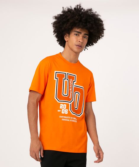camiseta de algodão manga curta college laranja