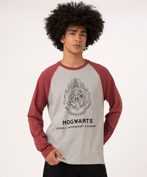 camiseta raglan manga longa hogwarts cinza mescla claro