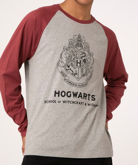 camiseta raglan manga longa hogwarts cinza mescla claro
