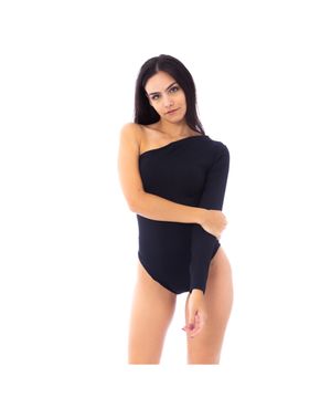 Body Moda Vício Um Ombro Só Manga Longa Feminino Preto