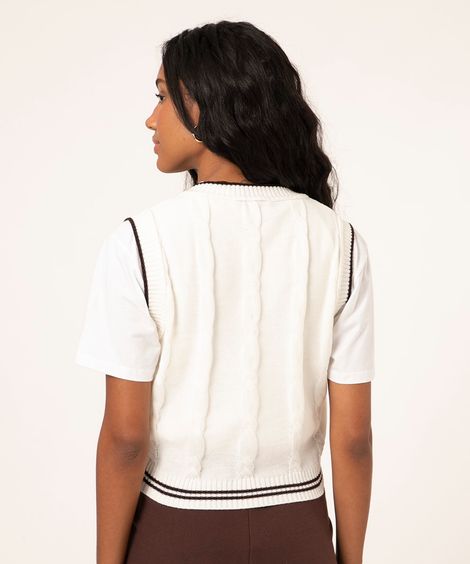 colete de tricô gola v com listra off white