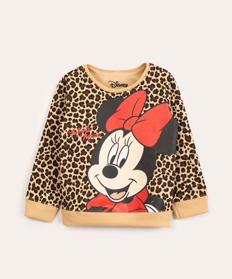blusão infantil de moletom minnie animal print bege