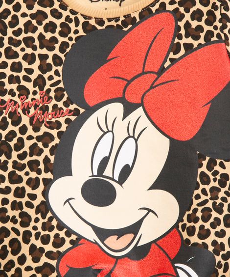 blusão infantil de moletom minnie animal print bege
