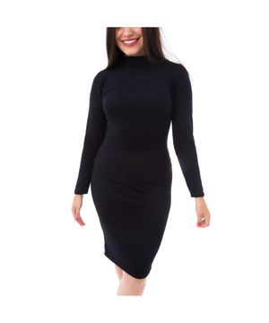 Vestido Moda Vício Mídi Justo Gola Alta Manga Longa Feminino Preto