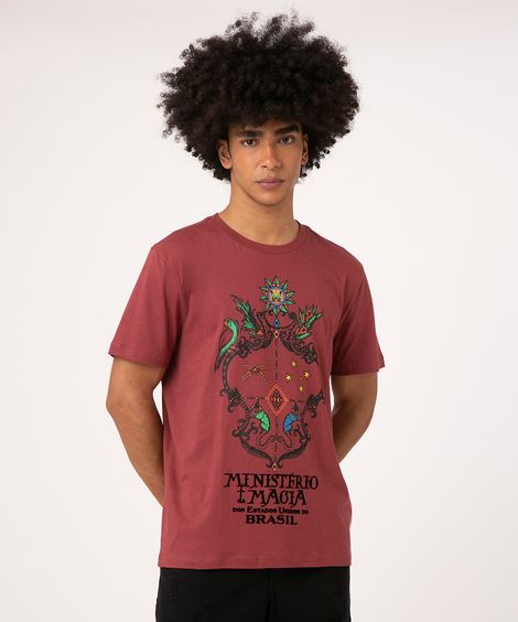 camiseta de algodão manga curta animais fantásticos vinho