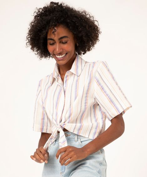 camisa cropped listrada com amarração multicor
