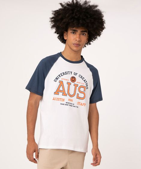 camiseta raglan de algodão manga curta college branca