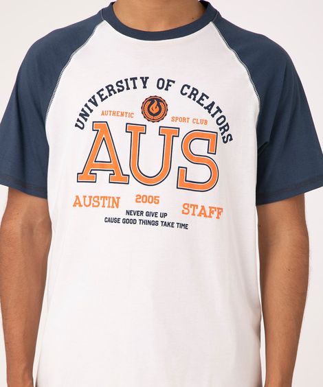 camiseta raglan de algodão manga curta college branca