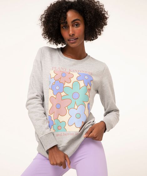 blusão de moletom floral cinza mescla