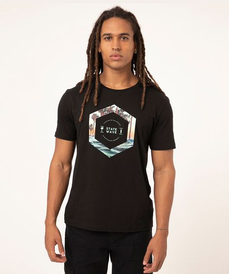 camiseta de algodão manga curta estampa localizada preta