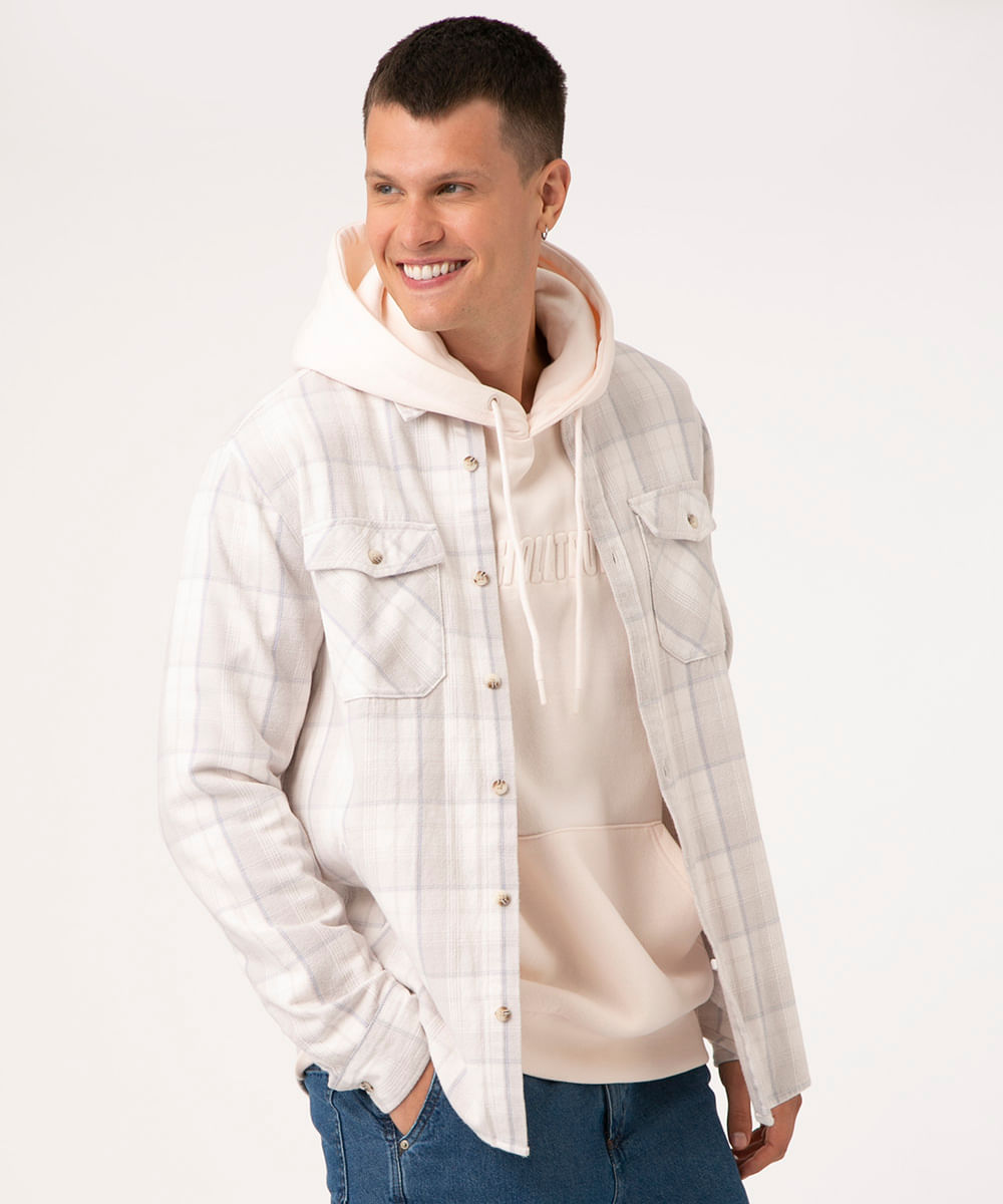 camisa oversized flanelada xadrez bege Menor preço em camisa oversized flanelada xadrez bege