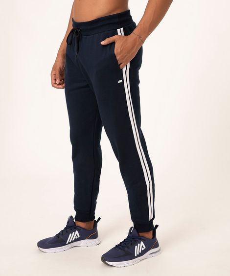 calça jogger de moletom com listras laterais esportiva azul marinho