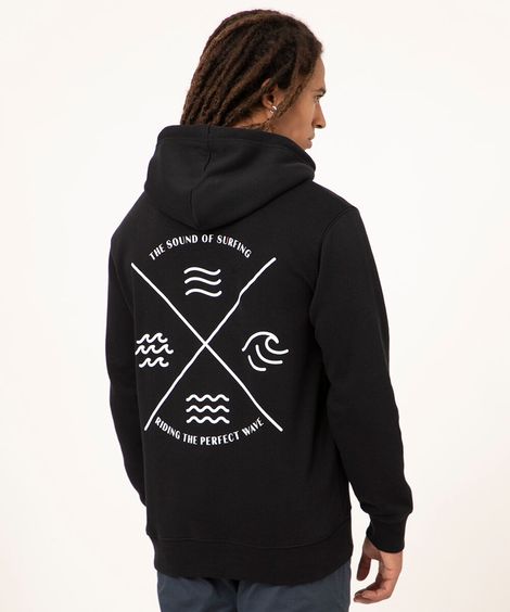 blusão de moletom felpado com capuz estampa localizada preto