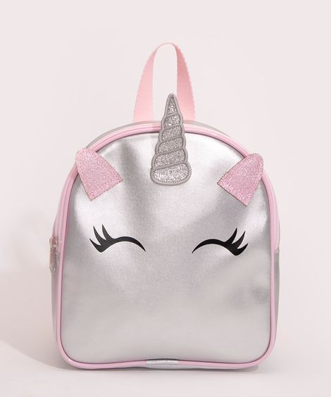 mochila infantil metalizada unicórnio rosa