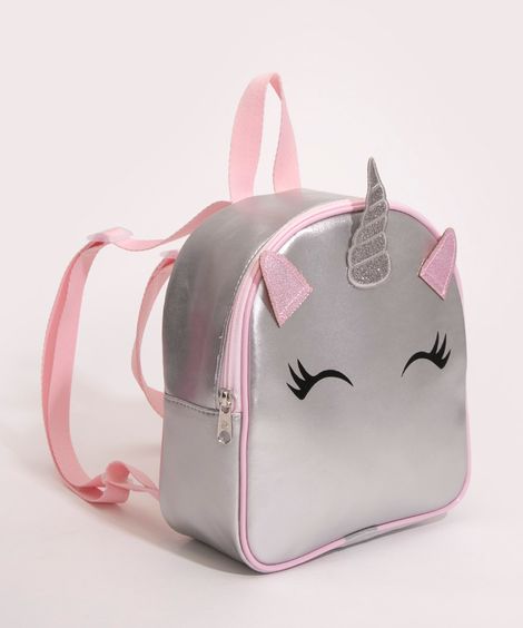 mochila infantil metalizada unicórnio rosa