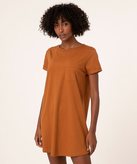 vestido básico de algodão manga curta marrom médio