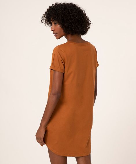 vestido básico de algodão manga curta marrom médio