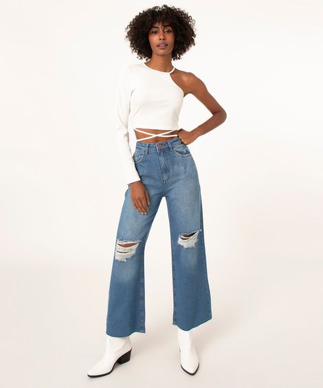 calça wide leg cropped jeans destroyed azul escuro