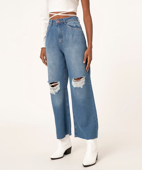 calça wide leg cropped jeans destroyed azul escuro