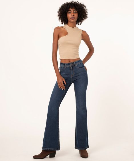 calça flare jeans azul escuro