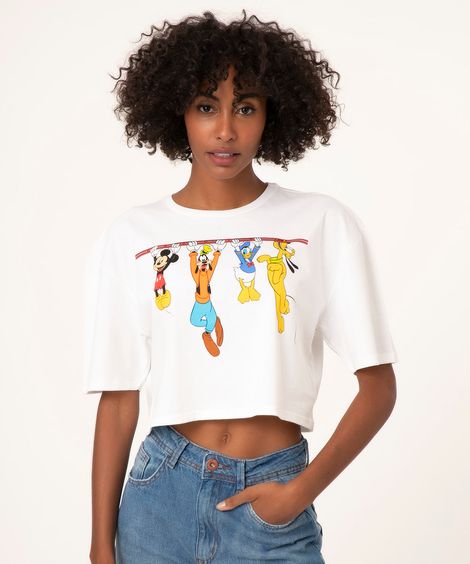 camiseta cropped de algodão mickey e amigos  off white