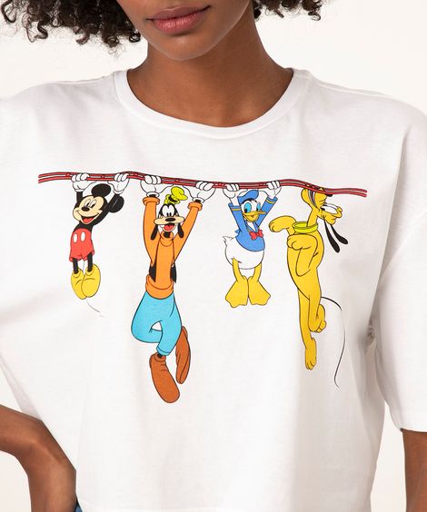 camiseta cropped de algodão mickey e amigos  off white