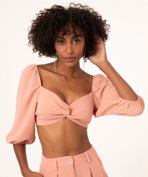 blusa cropped manga bufante com amarração rosa