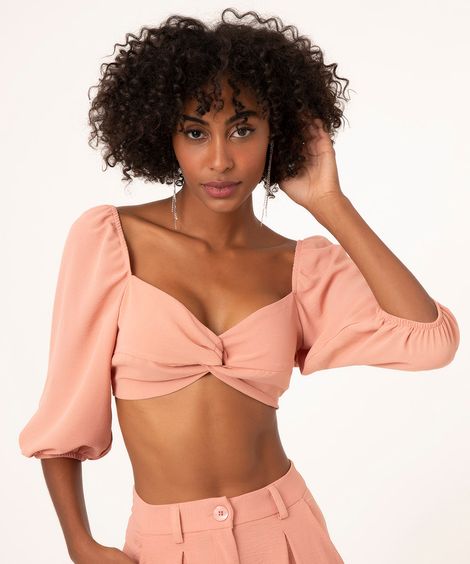 blusa cropped manga bufante com amarração rosa