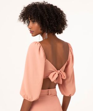 blusa cropped manga bufante com amarração rosa